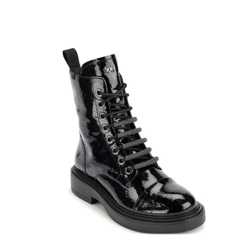 DKNY Black Patent Combat Boots – Lace Up + Side Zip – EU 38 / US 7.5